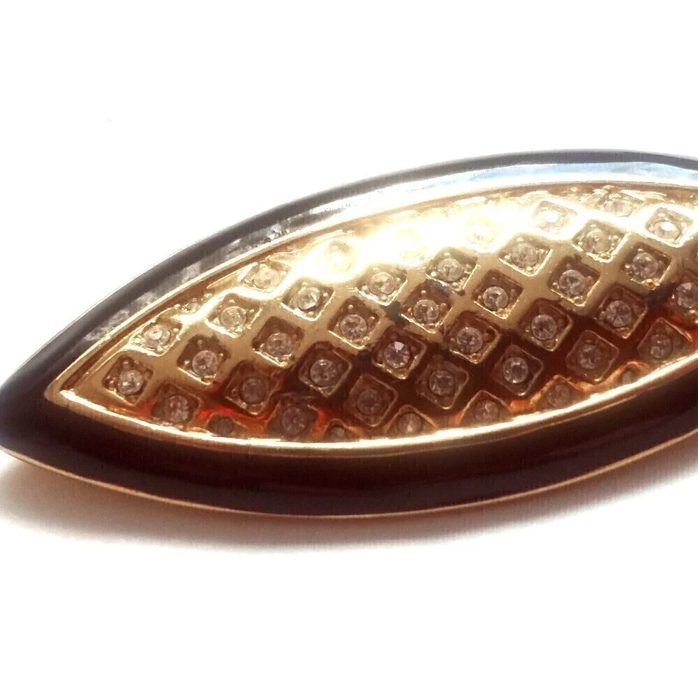 Vintage Gold-Tone Monet Black Enamel Clear Rhinestone Basket-Weave Brooch Pin